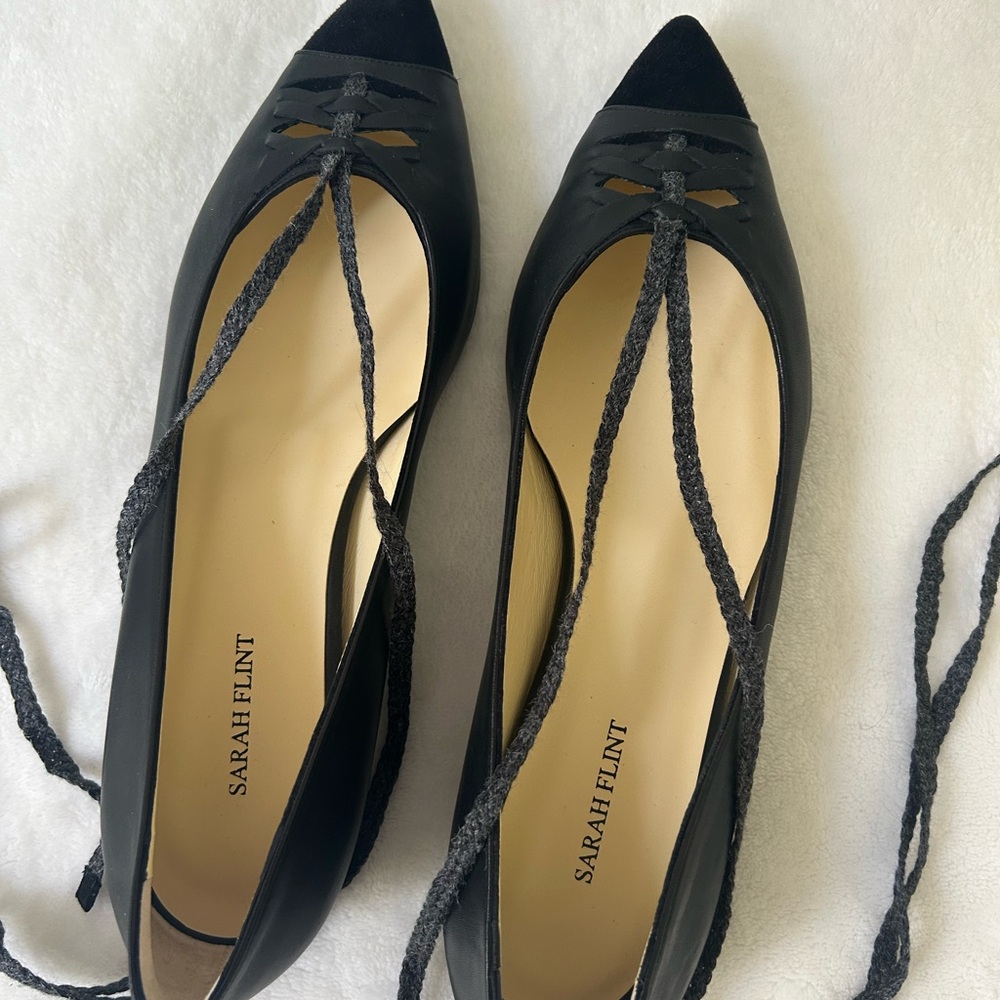 Sarah Flint Black Pointed-Toe Lace-Up Flats - Picture 3 of 9